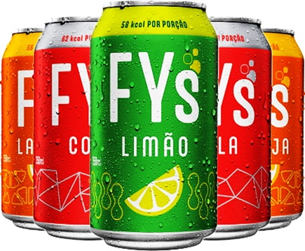 latas de refrigerante fys limão, cola, laranja, heineken brasil, fy